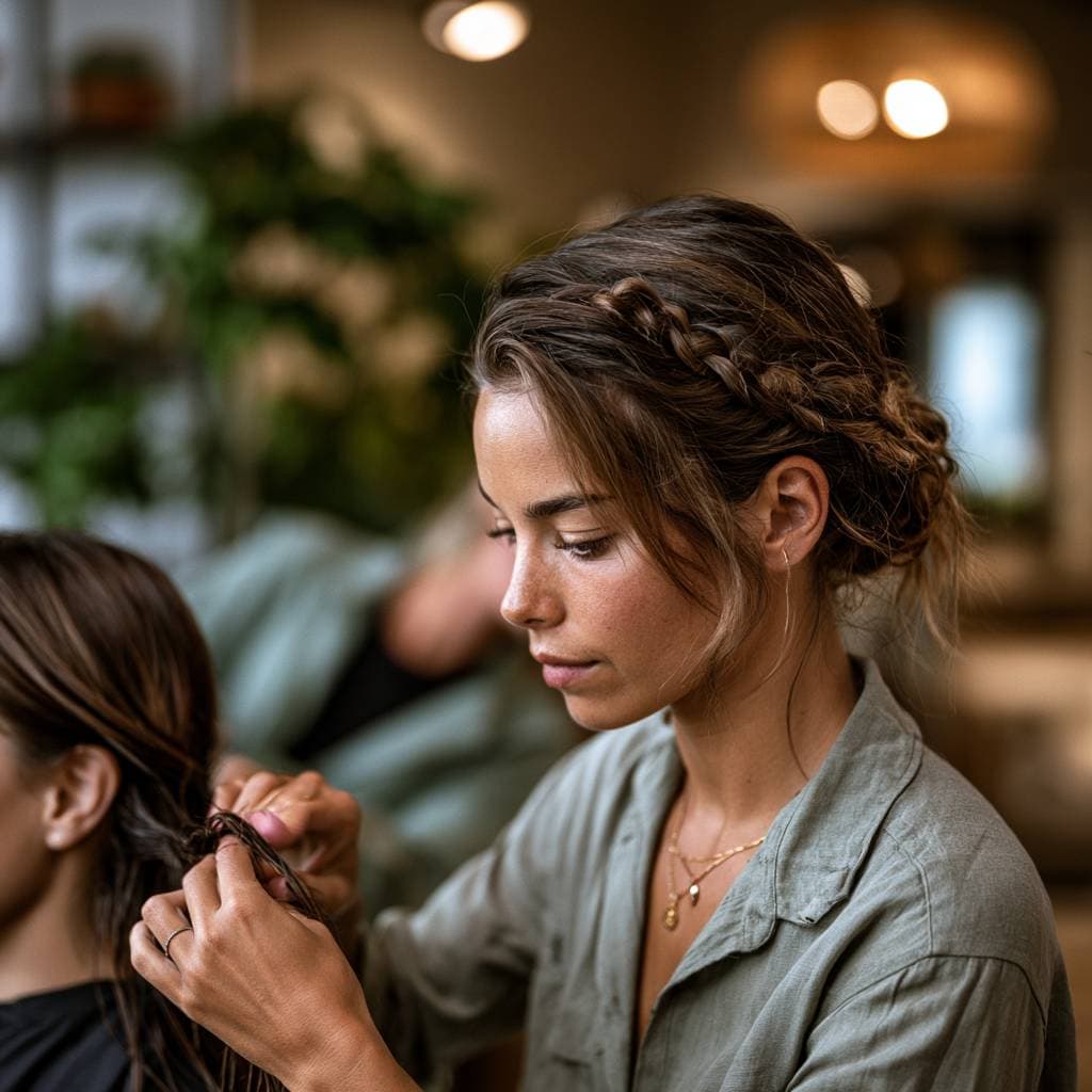Kapster vlechtt haar van klant in een sfeervolle salon